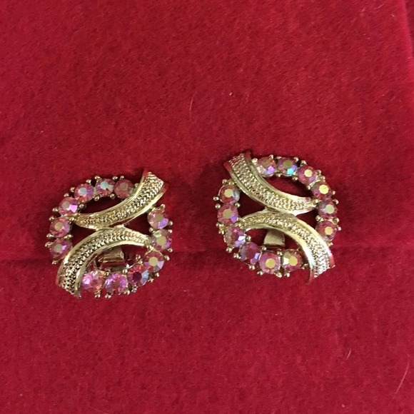 Vintage Pink Aurora Crystal Circle Ribbon Earrings Gold Tone - Picture 4 of 6